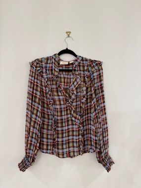 Maeve Anthropology Multicolor Plaid Ruffle-Trim Blouse